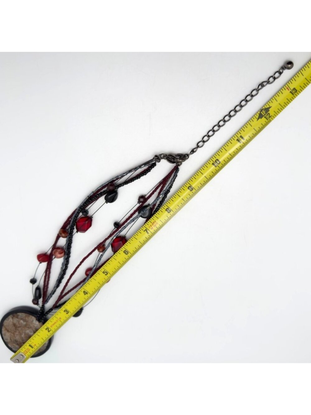 Chicos Gray Black Red Beaded Statement Necklace Pink Mica Acrylic Pendant Chain - Picture 3 of 11